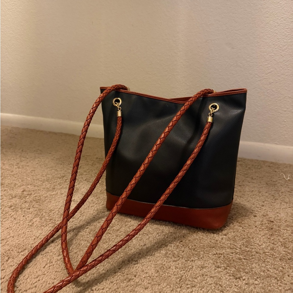 Bottega Veneta Leather Shoulder Bag Black Brown Woven Strap